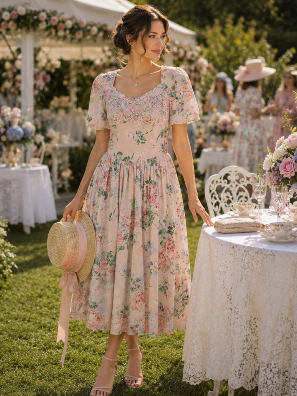 Vintage NWT Lang Originals Cottagecore Floral Dress Pink Prairie Garden Party 16